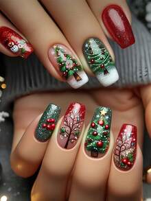 24pcs Short Square Press-On Nails Set, Featuring Festive Christmas Tree, Red Berry, Snowman, Ombre Red Gradient Designs, Full Coverage Nail Tips, Suitable For Women And Girls. Includes 1 Adhesive Sticker Sheet, 1 Mini Nail File, And Jelly Gel. Randomly Shipped.