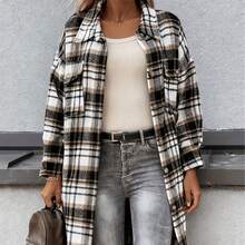 Chaqueta larga con botones en la parte delantera a cuadros para mujer - Negro - Ver 6