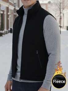 男士保暖内衬拉链背心，无袖户外休闲冬季背心，带拉链口袋，适合徒步、露营、街头穿搭叠穿，黑色 - 黑色 - 查看 5