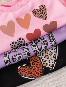 6pcs Baby Girls Autumn/Winter Fashionable American Style Heart & Leopard Print Crew Neck Sweatshirt & Casual Sports Pants Set - Pink - View 6