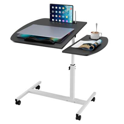 Höhenverstellbarer Laptoptisch, auf Rollen, Kippplatten, Maushalter, 60x40x61-95cm, Weiß/Schwarz/Holzfarbe