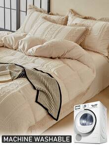 2/3 件卡其色簇绒纹理涤纶羽绒被套套装带流苏，波西米亚风格破旧别致床上用品套装，适合所有季节使用（1 个羽绒被套 + 1/2 个枕套），柔软透气，无填充物 - 卡其色 - 查看 8