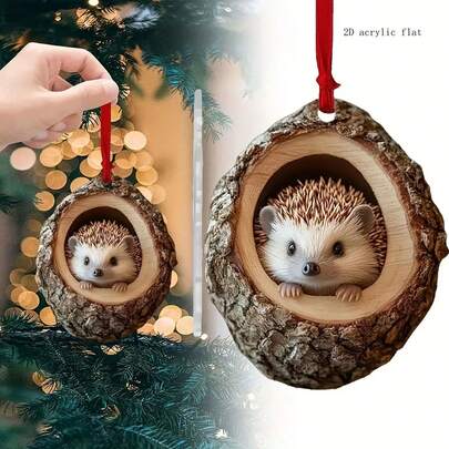 现代2D扁平亚克力刺猬圣诞树挂饰 - 椭圆形节日吊坠，无需电源，易于悬挂 - 适用于圣诞节、万圣节、复活节和感恩节的节日装饰 | 动物造型家居及派对悬挂装饰，节日装饰品
