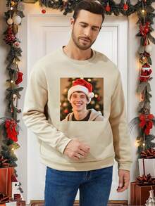 Customized Men's Sweatshirt, Suitable For Autumn/Winter, Personalized With Your Text In Flocked Print, Upload Your Own Photo (Partner, Pet, Group) To Design Your Unique Printed Sweatshirt, Ideal For Couples, Pranks, Surprise Gifts, Company Team Building, Christmas Party, Photo & Text Printed Sweatshirt For Boyfriend, Family, Friends, Birthday, Holiday Gifts, Valentine's Day, Anniversary, Customized Gift