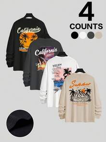 1pc Boys' Casual Beach Coconut Tree & Wave Print Crew Neck Long Sleeve T-Shirt, Loose Fit Student Clothing, Autumn, Cool Black Silhouette - Dark Grey - View 4