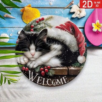 2D Flat Christmas Welcome Sign - Wooden Round Hanging Decor With Sleeping Cat Design, Ideal For Decoration, New Year Decor, Winter Themed Wall & Door Decor, Holiday Home & Garage Decor, No Electricity Required