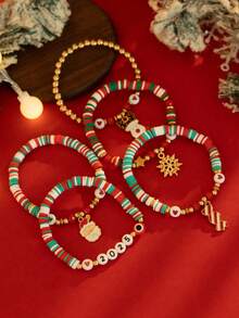 5pcs/Set Cute & Elegant Snowflake, Santa Claus, Reindeer CCB Soft Clay Fashion Bracelet Set, Vintage Chic Daily, Halloween Party, Versatile Jewelry Bracelet Gift For Women