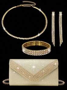 GZCS BAG 4 Pieces Rhinestone Jewelry Set Bling Necklace Earrings Bracelets Set For Sparkling Glitter Hot Diamond Elegant V-Shaped Flap Envelope Purse For Women Prom With Detachable Metal Chain For Wedding And Party Shoulder Bag For Women Clutch For Ladies Bag Women's Handheld Evening Bag Versatile Cocktail Wedding New Wallet Banquet Bag