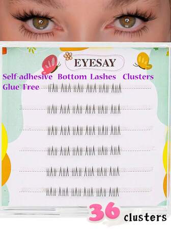 36 Clusters Self-Adhesive Bottom Eyelashes , Glue Free, C Curl Women's False Eyelashes 6mm In 6 Rows, Soft & Fine Black Stems, Clearly Defined, Lightweight, High Capacity, Non-Irritating, Portable, Reusable, Suitable For Daily And Work Use/For Daily Makeup,DIY At Home Soft & Easy For Beginner