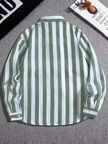 Teenage Boys' Casual Striped Long Sleeve Collared Shirt, Fashion Versatile Commuter Minimalist Korean Style - Green - View 3