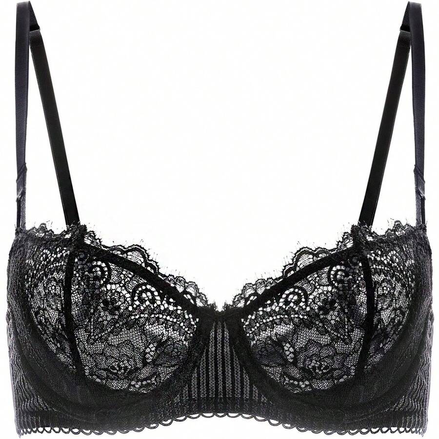 Women's Sexy Lace Push Up Plus Size Bra Sheer Balconette Underwire Unlined - 黑色睫毛蕾絲 - 查看 1