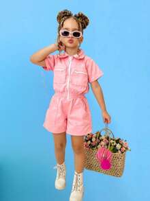 Kit 2 Macacao Infantil Menina Blogueirinha Jardineira Jeans Juvenil Shorts Zíper Moda Casual - Rosa chiclete - Visão 6