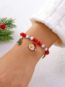 2 piezas/paquete Brazalete con colgantes de Papá Noel, árbol de Navidad, caramelo, muñeco de nieve y bastón de caramelo con letras navideñas - Elementos navideños de moda y versátiles para fiestas, eventos y regalos (color aleatorio - sin tarjeta)