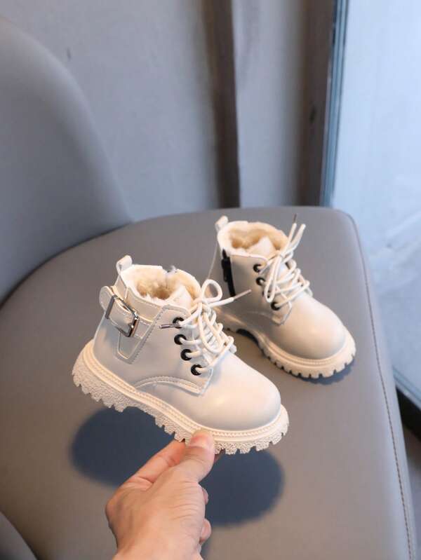 1 par de botas unisex para niños, botas cortas forradas térmicas de unicolor con cordones para niñas, botas casuales con cremallera lateral plana para niños, botas cómodas y cálidas simples para exteriores, adecuadas para otoño/invierno (el tamaño es talla grande pequeño)