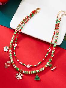 1 buc Lanț Reglabil din Aliaj cu Mărgele din Lut Polimeric, Colier cu Pandantiv de Crăciun cu Mai Multe Straturi, Moș Crăciun, Brad de Crăciun, Om de Zăpadă - Colier la Modă și Versatil pentru Femei, de Crăciun, Sărbători, Petrecere, Evenimente, Bijuterii Choker - Cadou (Culoare Aleatoare)