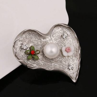 1 broșă vintage din aliaj de zinc, cu perle și inimă, stil palat, accesoriu de modă luxos, broșă de rever de înaltă calitate, cadou de Crăciun