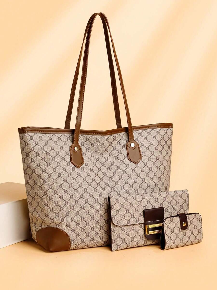 Women's Fashion Casual Versatile Popular Commute Handbag, Large Capacity Shoulder Bag With Card Holder & Wallet Set - Grey - View 1