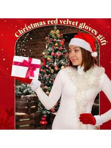 1 Set Christmas Plush Red Warm Gloves & Santa Hat, Christmas Costume Accessories