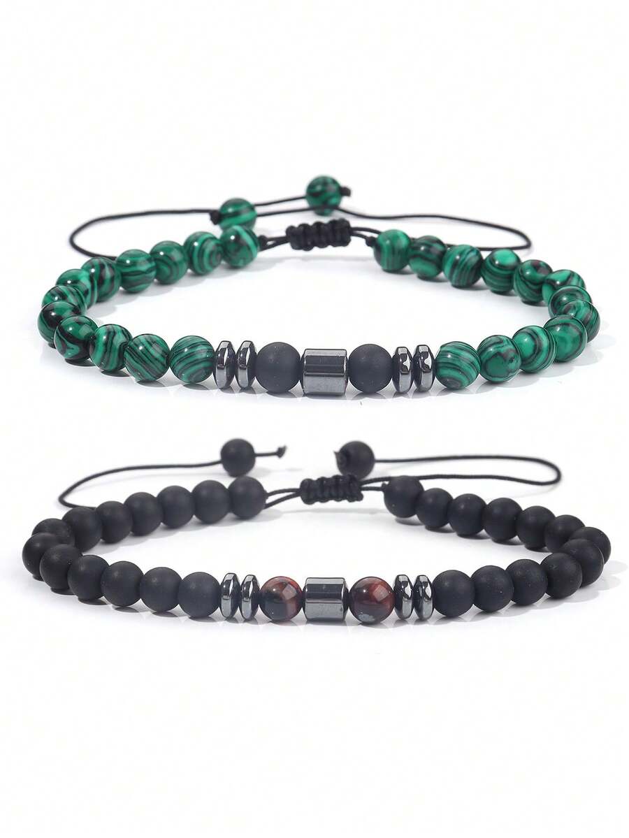 1 pieza Pulsera ajustable con cuentas de malaquita de 6 mm, pulsera de hematita y ónix mate, estilo bohemio, joyería de alma, regalo unisex para amigos y parejas