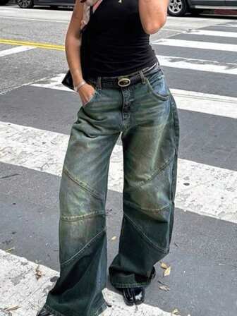 STLY 女式牛仔裤，复古美式开衩拼接设计，高腰，无弹力，舒适百搭，修身/宽松/直筒，火辣女孩街头风格蓝色水洗牛仔裤。优雅的牛仔口袋，适合日常、机场、旅行、所有季节