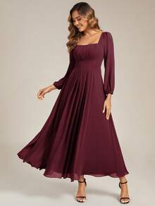 EVERPRETTY Elegant Spring Chiffon Long Sleeve Wedding Guest Dress, Burgundy Bridesmaid Dress, Special Occasion Evening Gown, Winter Wedding Guest Dress - Burgundy - View 2