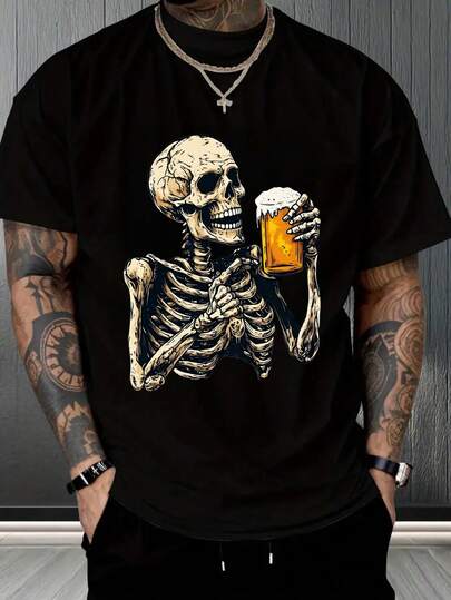 Camiseta Hombre Esqueleto + Tomando Cerveza + Diseño divertido y Gótico + 100% Algodón, 180g, Color Negro + Moda Oscura, Cerveza, Halloween, Estilo Punk, Ideal para Fiesta de Halloween y Cervecerías, Divertida y Con Carácter,camisas de hombre,playeras de hombre,blusas mexicanas de septiembre,ropa de hombre,playeras,halloween,ropa deportiva hombre