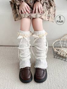 زوج/زوج واحد من الساقيات المحبوكة للأطفال والمراهقين، أكمام الساق، دافئة، فيونكة، تشطيب بالدانتيل، خريف/شتاء، جميع المواسم، أبيض، أسود، خاكي، بني، لون سادة، حافة مجعدة، أنيقة وجميلة، مناسبة للارتداء اليومي والهدايا