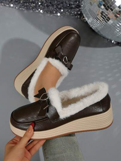 أحذية نسائية جديدة بفيونكة من الفرو، بطانة دافئة وكعب منحدر، أحذية كاجوال للشتاء