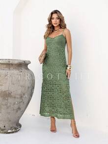 Women's Elegant Lace Tricot Party Midi Dress With Lining, Thin Straps, Slits, Beach - 橄欖綠 - 查看 9