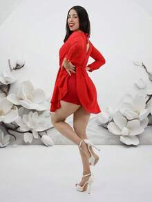 Elegante vestido  cruzado corto para mujer con mangas largas y dobladillo asimétrico - Rojo - Ver 3