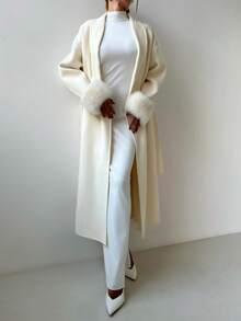 女士优雅中长款和服袖系带开衫，配有人造毛皮袖口饰边，奶油白色，适合日常通勤 - 杏色 - 查看 8