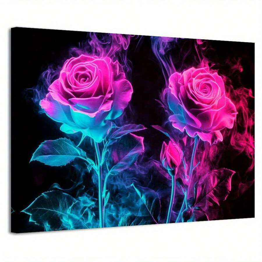 1pc Neon Rose Canvas Wall Art, Abstract Pink Blue Glowing Flower Print, Modern Floral Artwork For Living Room Bedroom Office Aesthetic Decor, Dramatic Botanical Picture On Black Background - 彩色 - 查看 1