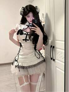Sexy Cheongsam Dress Costume With Color Block Button Front, Ruffle Hem And Ribbon - trắng - Xem 8