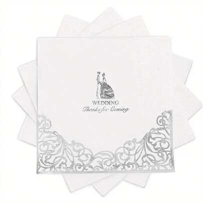 100 Pcs, 2-Ply Wedding Napkins, Mr & Mrs Beverage Paper Cocktail Napkins For Reception Decorations Bridal Shower Engagement Party, White And Silvery Lover Bride And Bridegroom Party Napkins