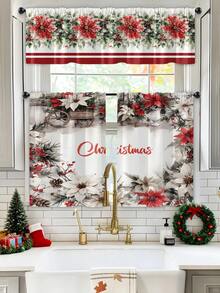 1 Set Christmas Gift Christmas Snowman, Reindeer, Christmas Tree Atmosphere Decorative Sheer Curtain, Translucent Kitchen Window Curtain, Suitable For Living Room And Bedroom, Doorway, Kitchen Window, Noise Reduction, Christmas Decor Rod Pocket Sheer Curtain