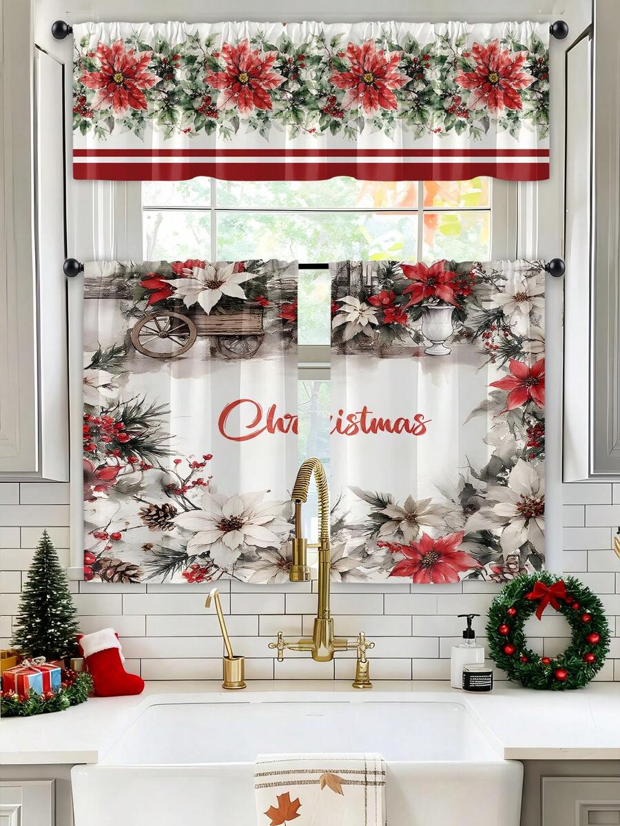 1 Set Christmas Gift Christmas Snowman, Reindeer, Christmas Tree Atmosphere Decorative Sheer Curtain, Translucent Kitchen Window Curtain, Suitable For Living Room And Bedroom, Doorway, Kitchen Window, Noise Reduction, Christmas Decor Rod Pocket Sheer Curtain