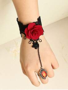 1 件女士复古哥特朋克时尚勃艮第花朵蕾丝手链腕带配红色宝石戒指万圣节