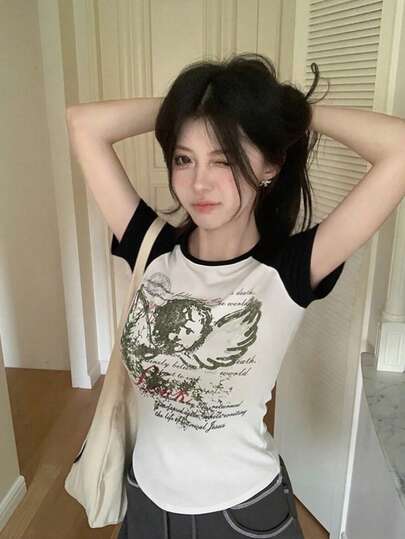 撞色字母印花圆领短袖短款修身休闲女式T恤，春夏