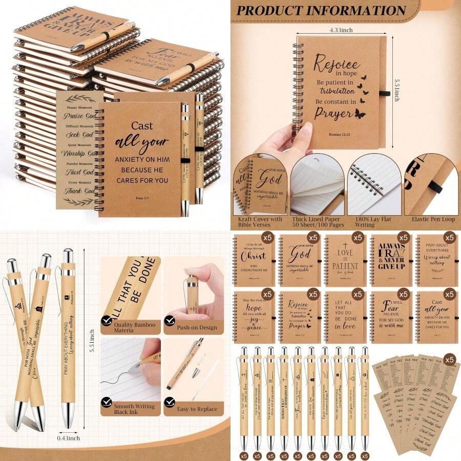 150 Pcs 50 Set Christian Gifts BulkSpiral Notebook With Bible Ballpoint Pen And Christian Bookmark Women Prayer Journal Inspirational Bible Study Journal For Church Members And Visitors - 50p - Xem 1