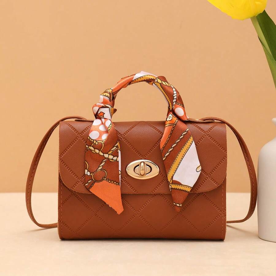 Women's Small Handbag With Embossed Plaid Pattern, Suitable For Daily Outings, Comes With Scarf - Brown - View 1