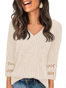 Womens Lightweight Thermal Fall Tunic Tops Lace V Neck 3/4 Sleeve Ribbed Blouse, Underscrubs Long Sleeve Base Layer - Màu be - Xem 6