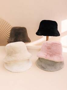 1pc Unisex Solid Color Fluffy Plain Wide Brim Casual Bucket Hat, Flattering, Warm, Versatile For Autumn, Suitable For Daily Casual, Couple Outings