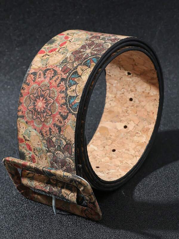 1pc Vintage Palace Style Floral Print Decorative Waist Belt For Women, Wooden Grain Totem Bohemian Rectangle Buckle Waist Belt