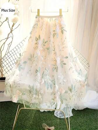 优雅花卉刺绣网眼裙，女士浪漫裙子