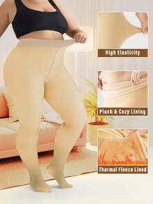 1-Piece Plus Size Women's High-Waist Fleece-Lined Fake Sheer Tight Leggings - Stretchy Non-Tight, Fits Body Curves, Butt-Lifting & Tummy-Control Base Layer, Ideal For Autumn/Winter Layering, Warm & High-Quality - 米色 - 查看 2