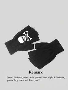 1pair Unisex Fingerless Gloves With Palm & Skeleton Print Design, Suitable For Halloween Costume And Daily Wear, Keep Warm In Winter Snow Gloves