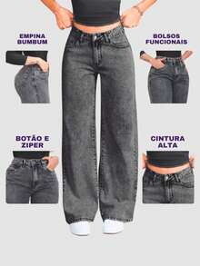 Women's Wide Leg Jeans Denim Butt Lift High Waist Thick Premium Fabric Light Or Graphite Wash Marbled Wide Leg - 石墨灰 - 查看 6