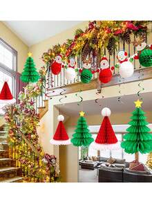 1/5pcs Red & White Christmas Honeycomb Hat, Christmas & New Year Shop Window & Indoor/Outdoor Decoration, Red Paper Honeycomb Ball Santa Hat, Tissue Paper Balls, Christmas Party Decor, Room Decoration