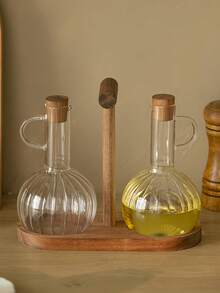 1 set Bouteille d'huile en verre borosilicaté haute qualité, plateau pour bouteille d'huile, support en bois, bouchon en bois scellé, bouteille de sauce soja, stockage de condiment de vinaigre, récipient liquide résistant à la chaleur pour cuisine, conteneur, distributeur