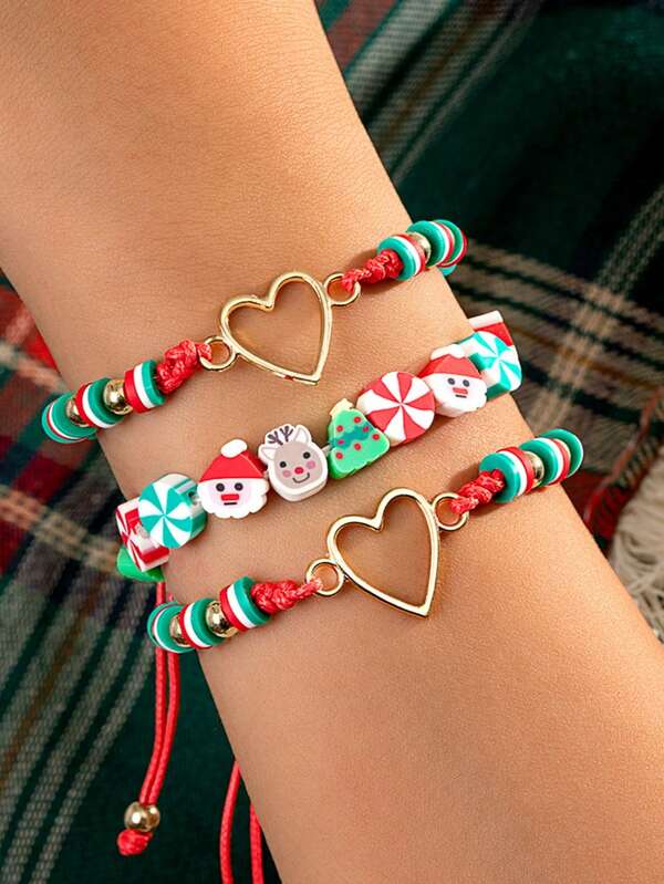 1/2/3 قطعة سوار مطاطي مضفر مزين بخرز من الطين البوليمري بطبعات بابا نويل وشجرة عيد الميلاد والرنة - طقم سوار مطاطي مضفر مع قلادة من الطين البوليمري - مجموعة أساور عيد الميلاد عصرية للجنسين - أساور للأنشطة والهدايا (ألوان وأنماط عشوائية)
